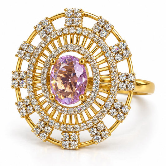 Lavender Center Stone Baguette Halo Ring - Gold Plated