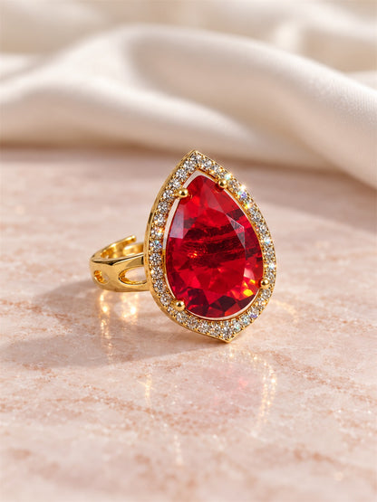 Red Teardrop Stone Halo Ring - Gold Plated, additional view 3