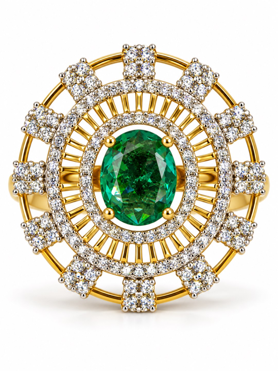 Sea Green Center Stone Baguette Halo Ring - Gold Plated