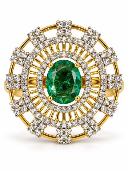 Sea Green Center Stone Baguette Halo Ring - Gold Plated