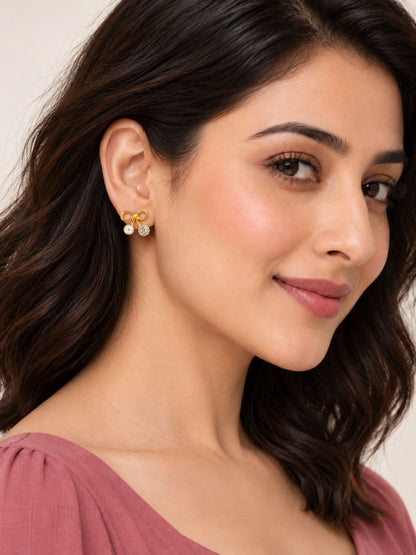 White Bead and Clear Stone Cherry Stud Earrings - Gold Plated, model close-up