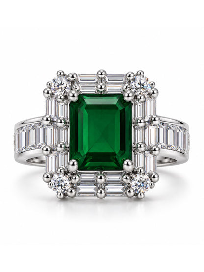 Green Center Stone Baguette Halo Ring - Silver Plated product image