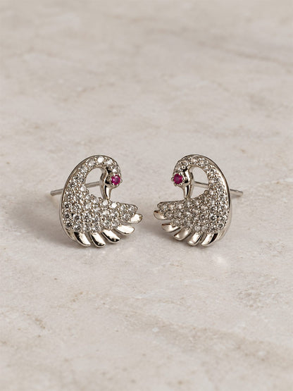 Clear Stone Swan Stud Earrings, silver plated, lifestyle view