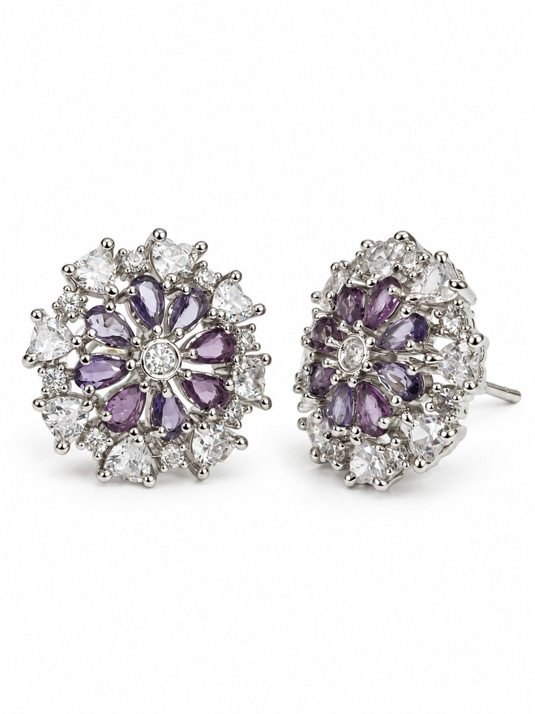 Purple Marquise Stone Floral Stud Earrings in silver plating