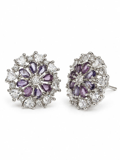 Purple Marquise Stone Floral Stud Earrings in silver plating