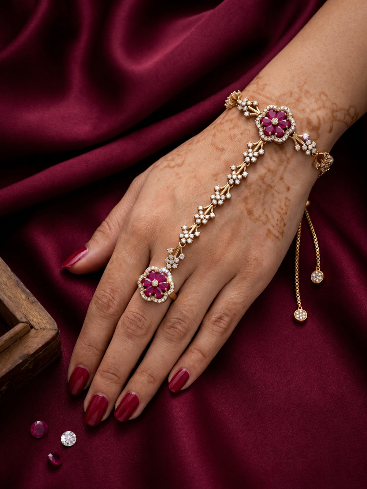 Red Floral Marquise-Stone Chain Hathphool - Mehndi Plated worn on hand