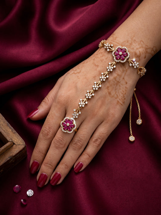 Red Floral Marquise-Stone Chain Hathphool - Mehndi Plated worn on hand