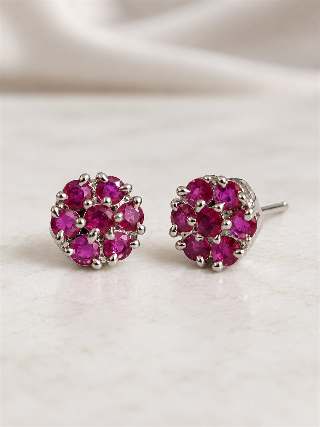 Magenta Stone Floral Cluster Stud Earrings, silver plated, lifestyle view