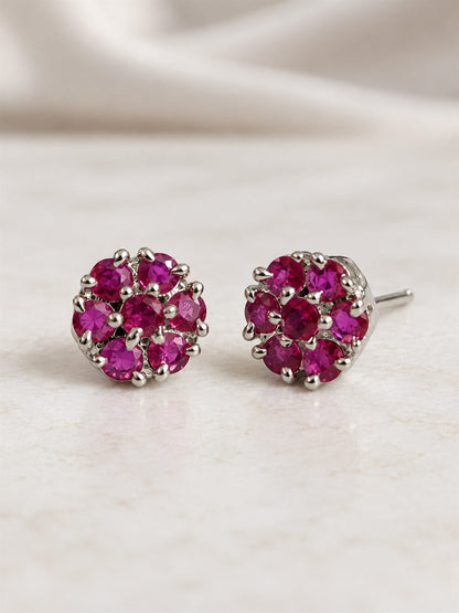 Magenta Stone Floral Cluster Stud Earrings, silver plated, lifestyle view