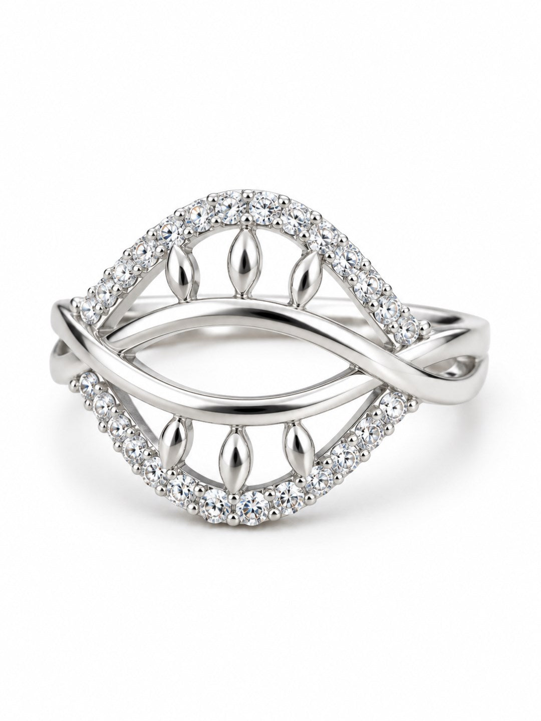 Clear Double Leaf Openwork Ring - Silver Plated
