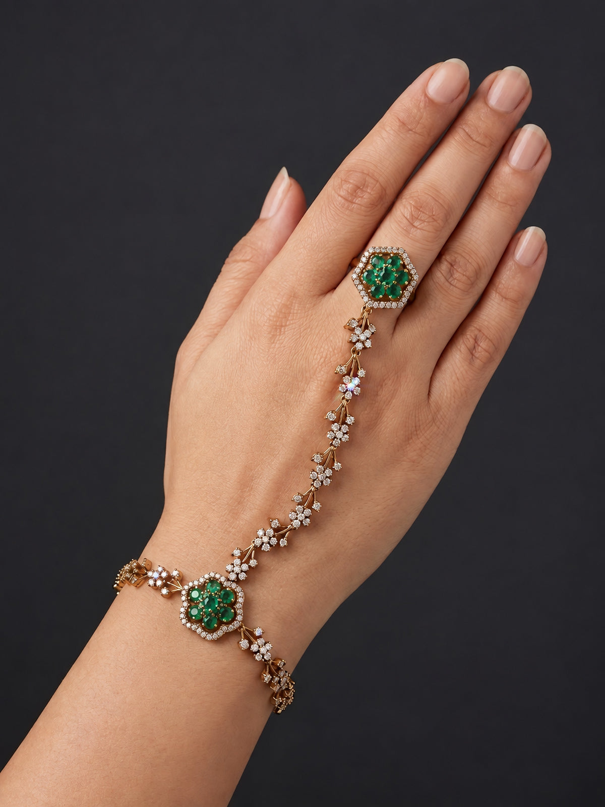 Green Floral Marquise-Stone Chain Hathphool - Mehndi Plated worn on hand