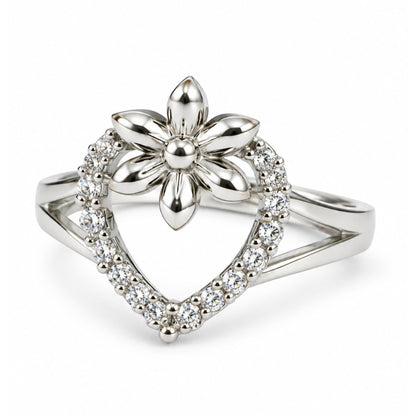Clear Heart and Flower Ring - Silver Plated