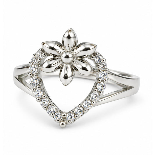 Clear Heart and Flower Ring - Silver Plated