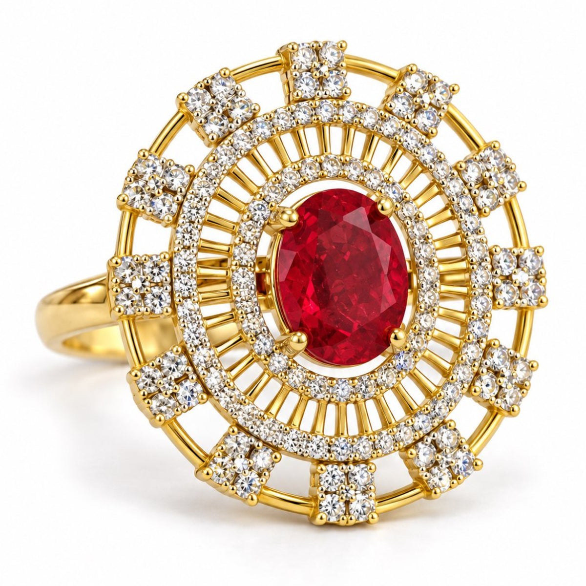 Red Center Stone Baguette Halo Ring - Gold Plated