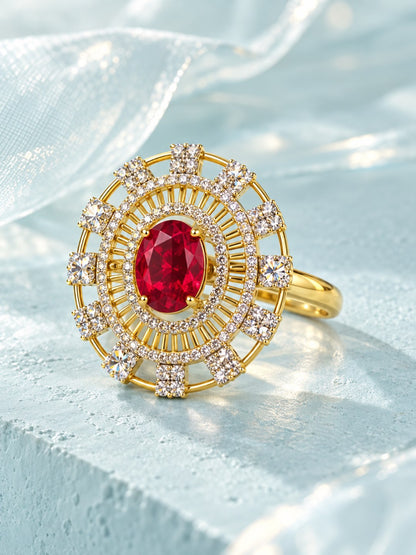 Red Center Stone Baguette Halo Ring - Gold Plated
