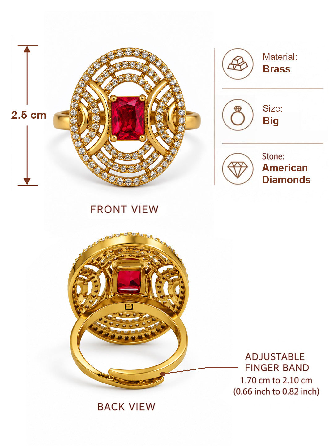 Red Stone Rectangular Stone Oval Halo Ring - Gold Plated, additional view 6