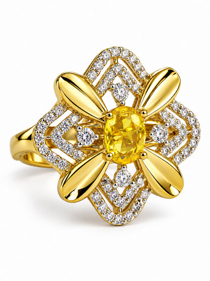 Yellow Center Stone Four-Petal Floral Ring - Gold Plated