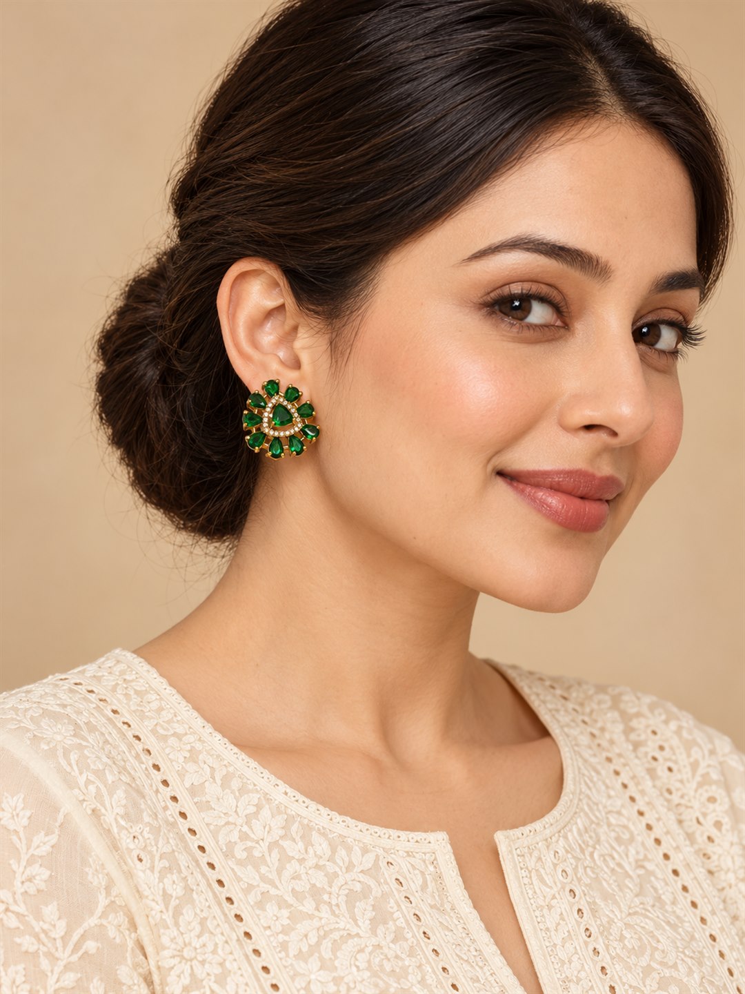 Green Triangle Center Halo Stud Earrings - Gold Plated on a model