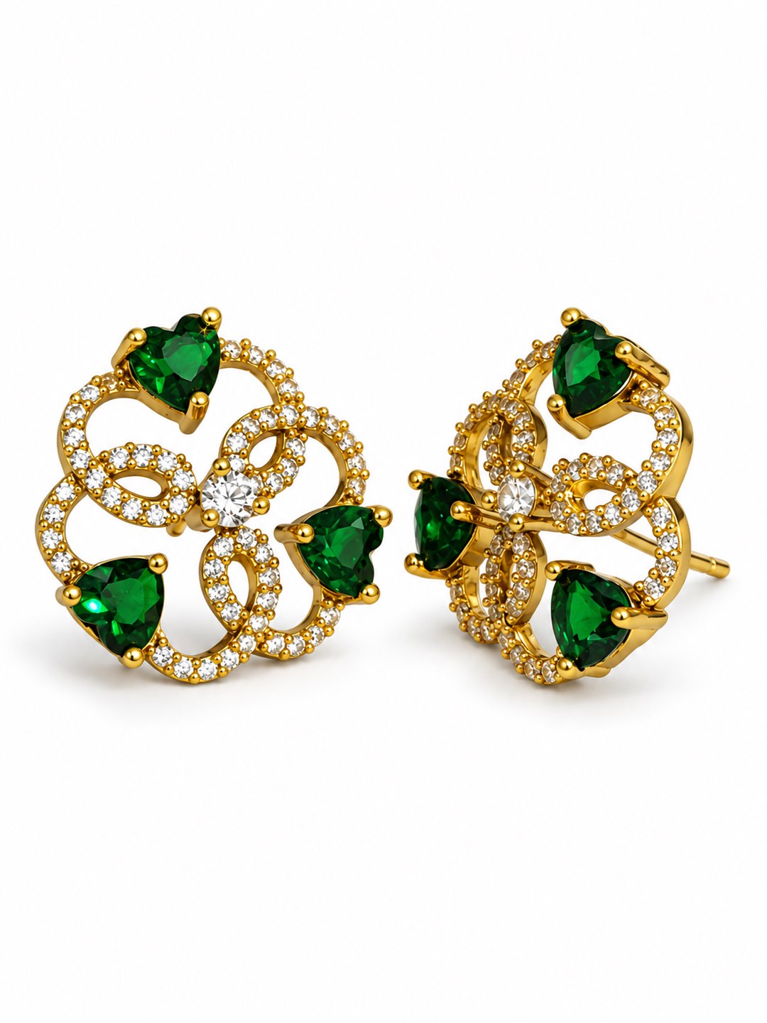 Green Three Heart Openwork Floral Stud Earrings - Gold Plated