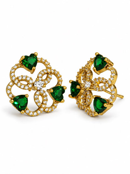Green Three Heart Openwork Floral Stud Earrings - Gold Plated