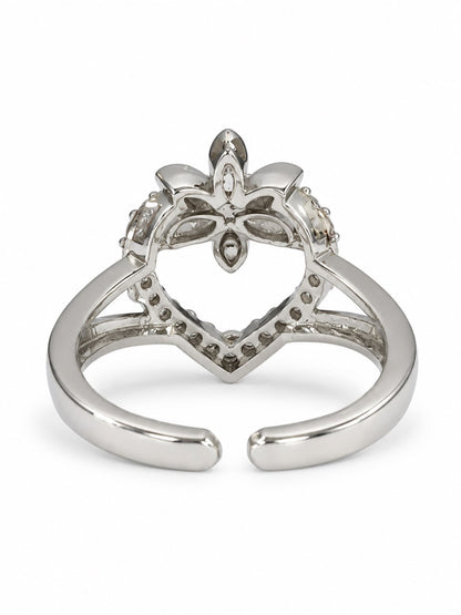 Clear Heart and Flower Ring - Silver Plated