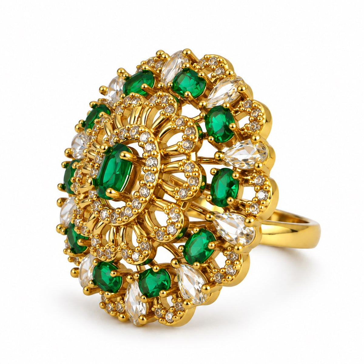 Green Stone Ornate Floral Cluster Ring - Gold Plated, product view