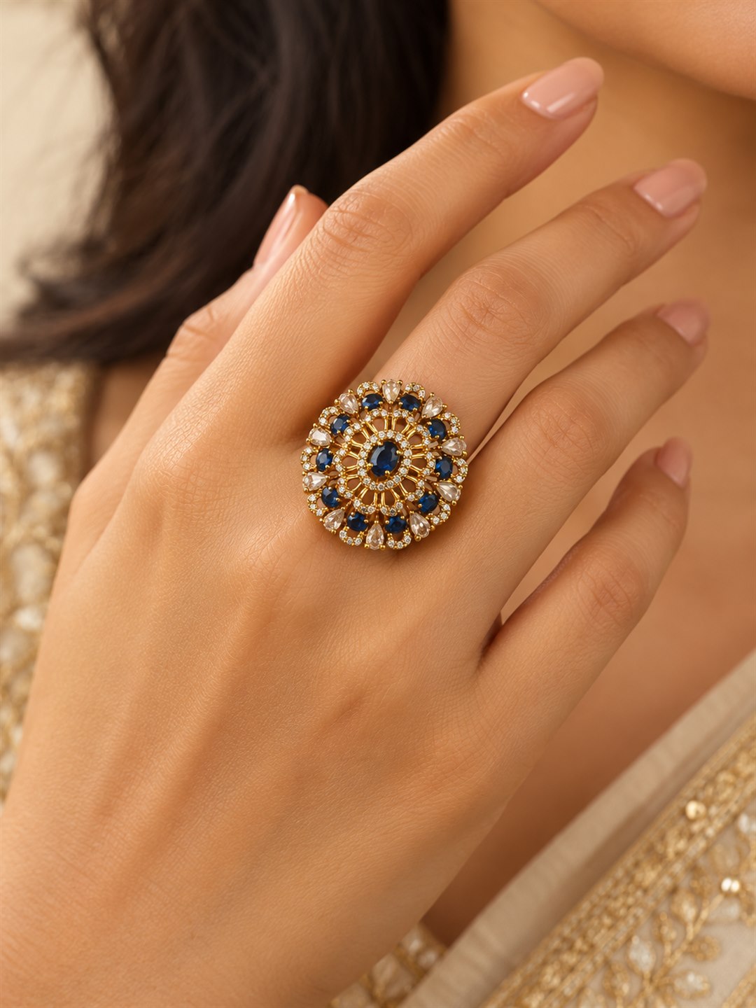 Blue Stone Ornate Floral Cluster Ring - Gold Plated, model close-up