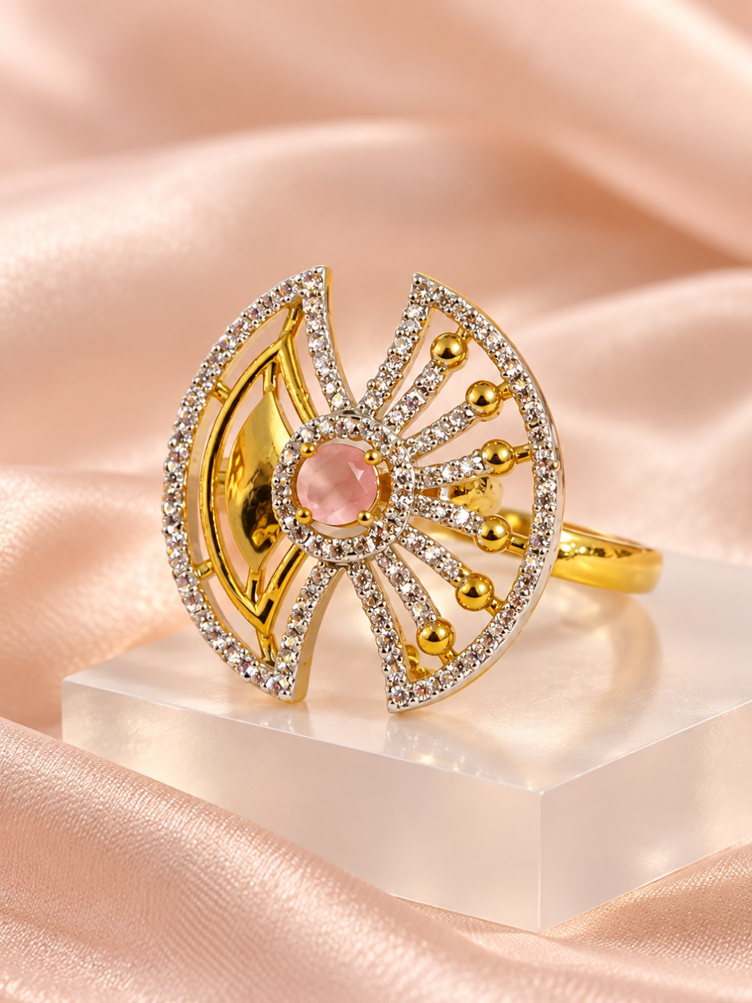 Pink Center Stone Fan Motif Ring - Gold Plated