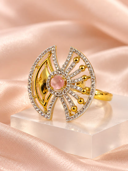Pink Center Stone Fan Motif Ring - Gold Plated