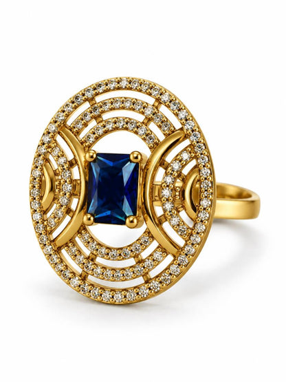 Blue Stone Rectangular Stone Oval Halo Ring - Gold Plated, additional view 1