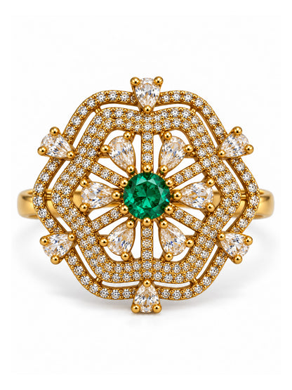 Sea Green Stone Scalloped Floral Halo Ring - Gold Plated, additional view 1