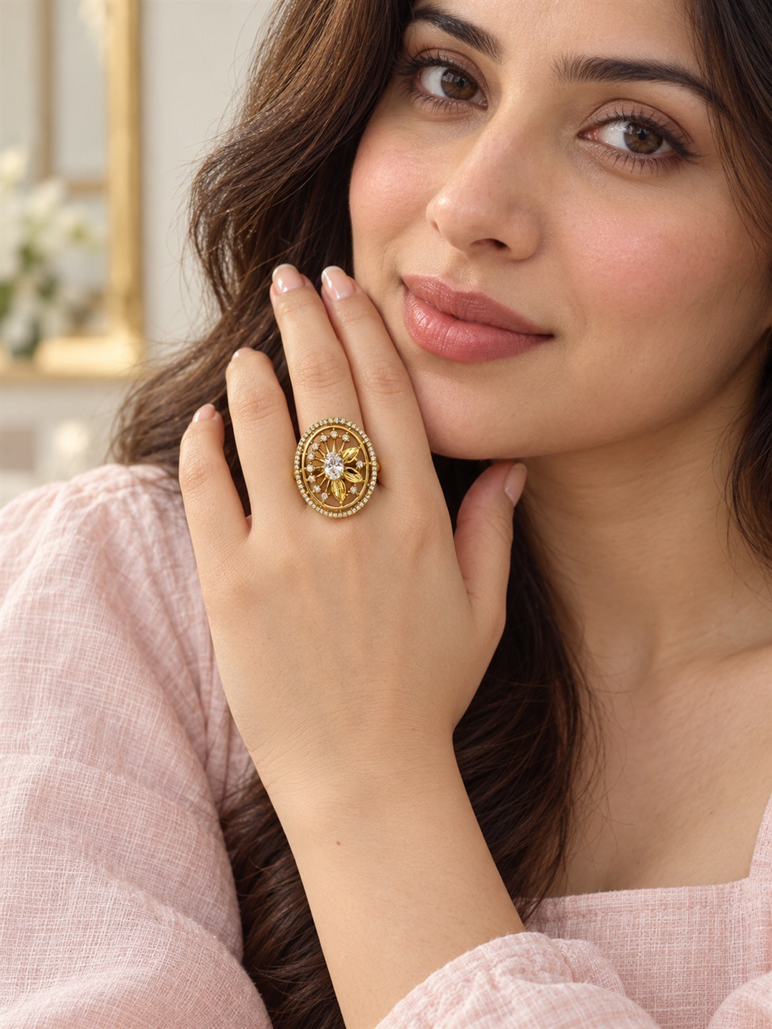 Clear Stone Oval Sunburst Ring - Gold Plated, additional view 2