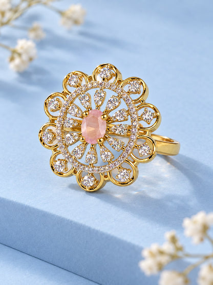 Pink Center Stone Scalloped Floral Halo Ring - Gold Plated