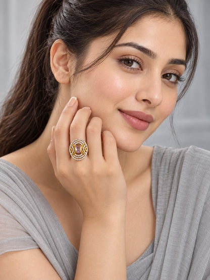 Lavender Center Stone Oval Geometric Halo Ring - Gold Plated