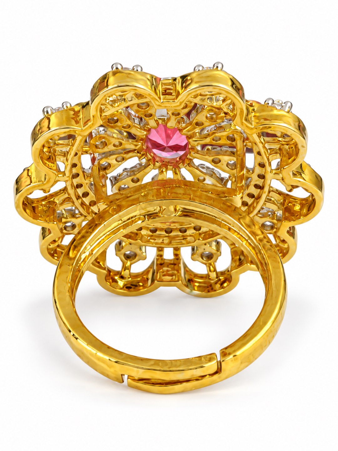 Red Center Stone Scalloped Floral Halo Ring - Gold Plated