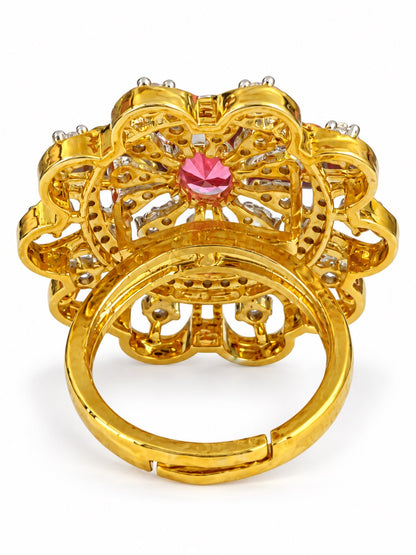 Red Center Stone Scalloped Floral Halo Ring - Gold Plated