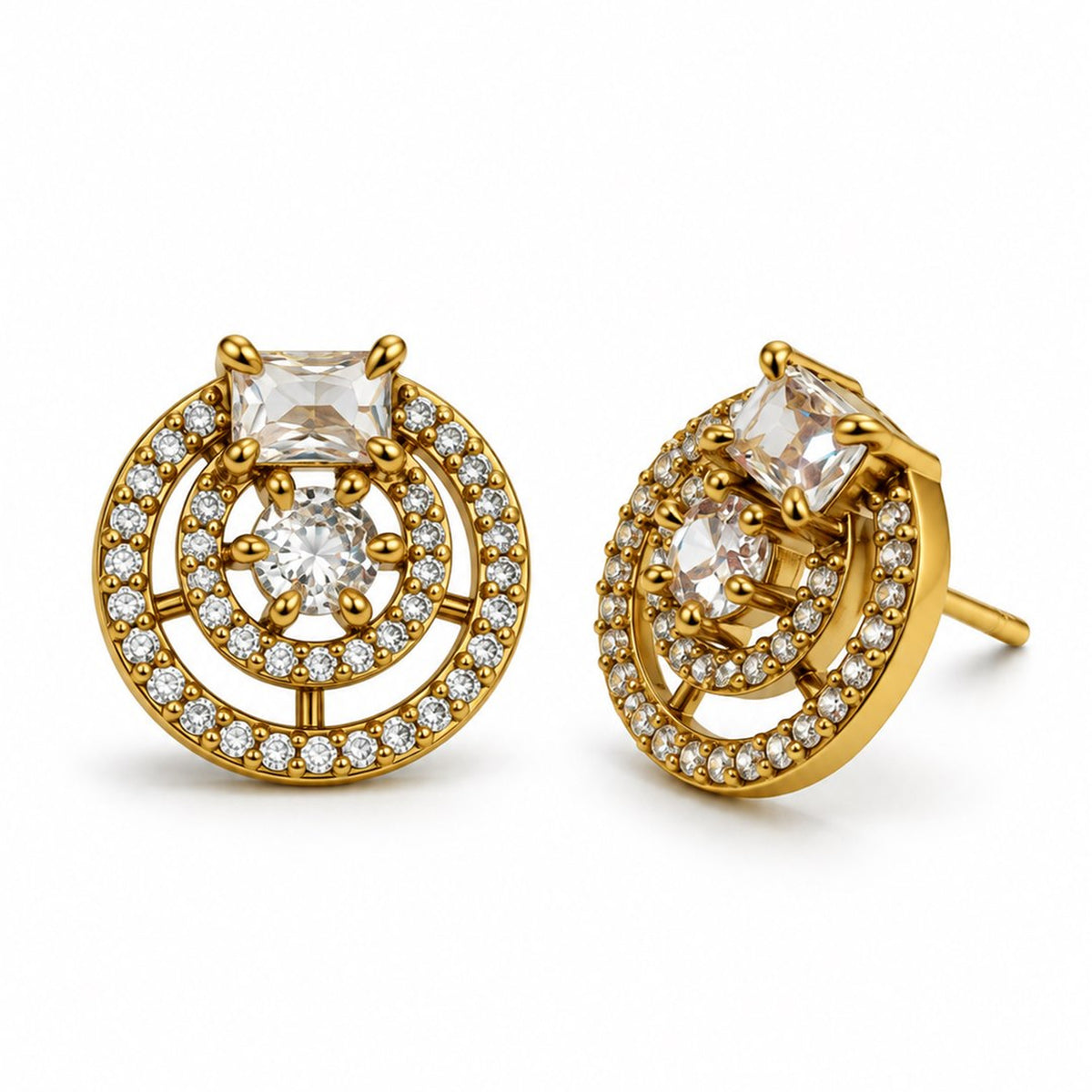 Clear Stone Double Halo Stud Earrings, gold plated