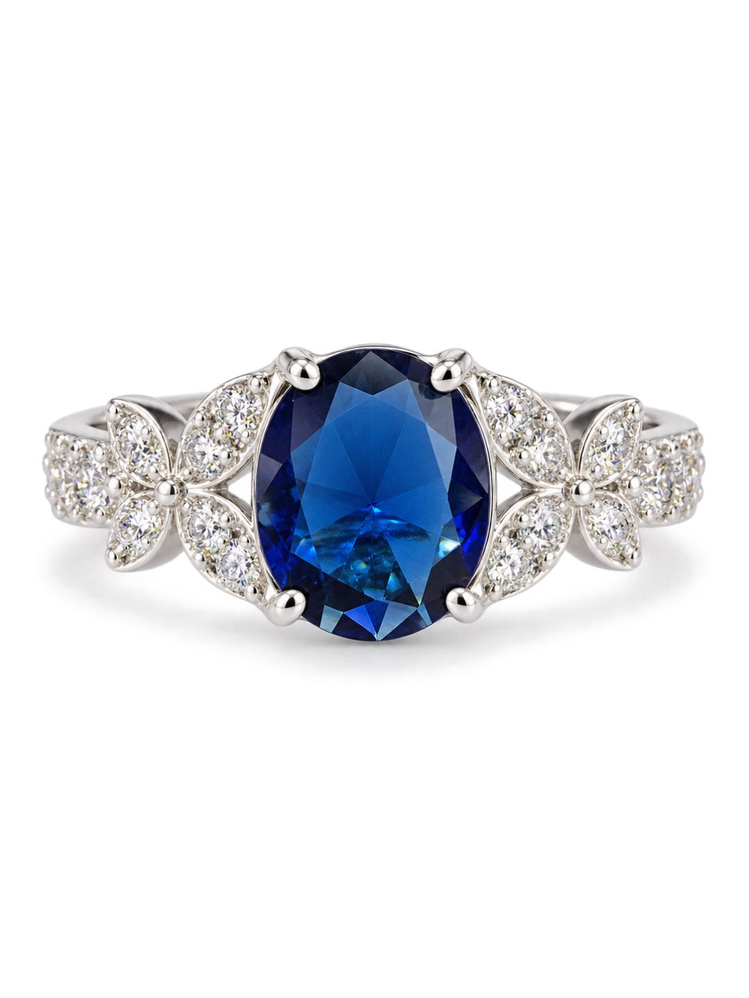 Blue Oval Center Stone Floral Shoulder Ring - Silver Plated