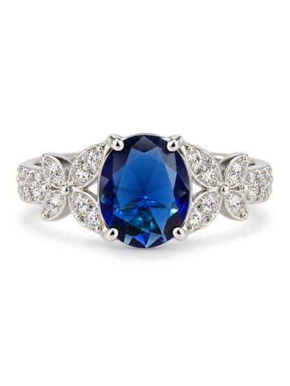 Blue Oval Center Stone Floral Shoulder Ring - Silver Plated