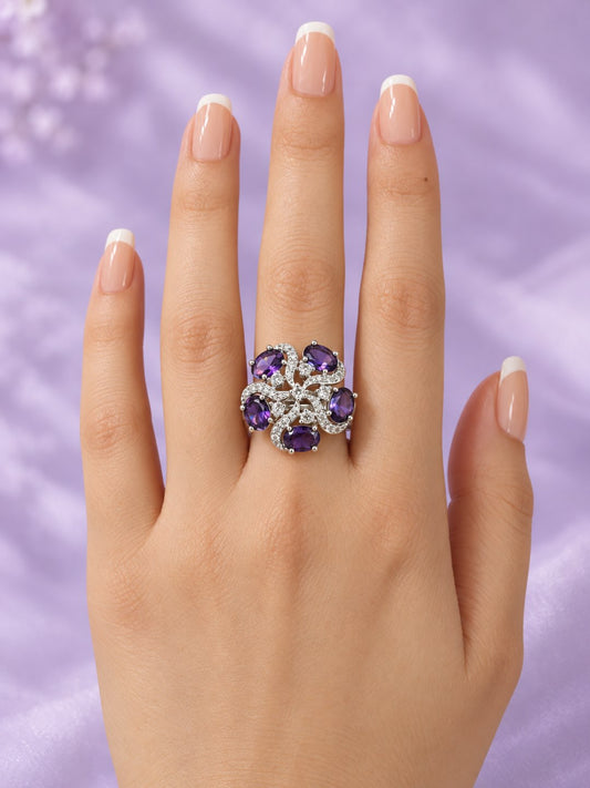 Purple Oval Stone Floral Ring - Silver Plated worn on hand - close-up