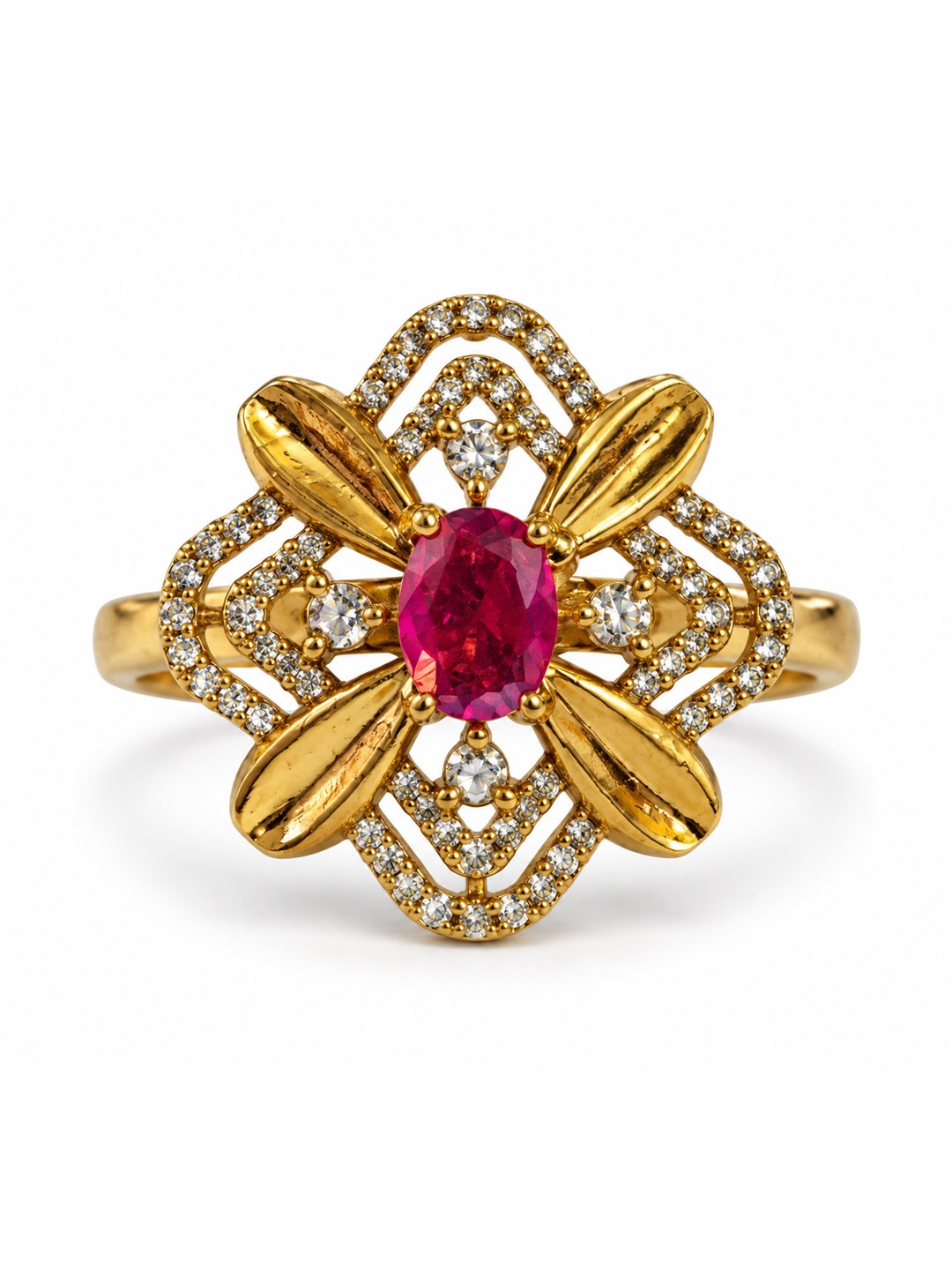 Red Stone Four Petal Floral Ring - Gold Plated, additional view 4