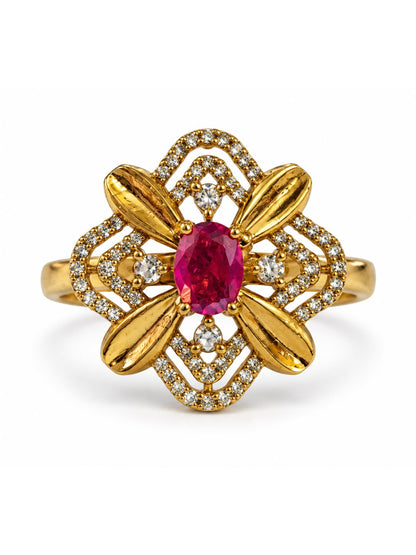 Red Stone Four Petal Floral Ring - Gold Plated, additional view 4