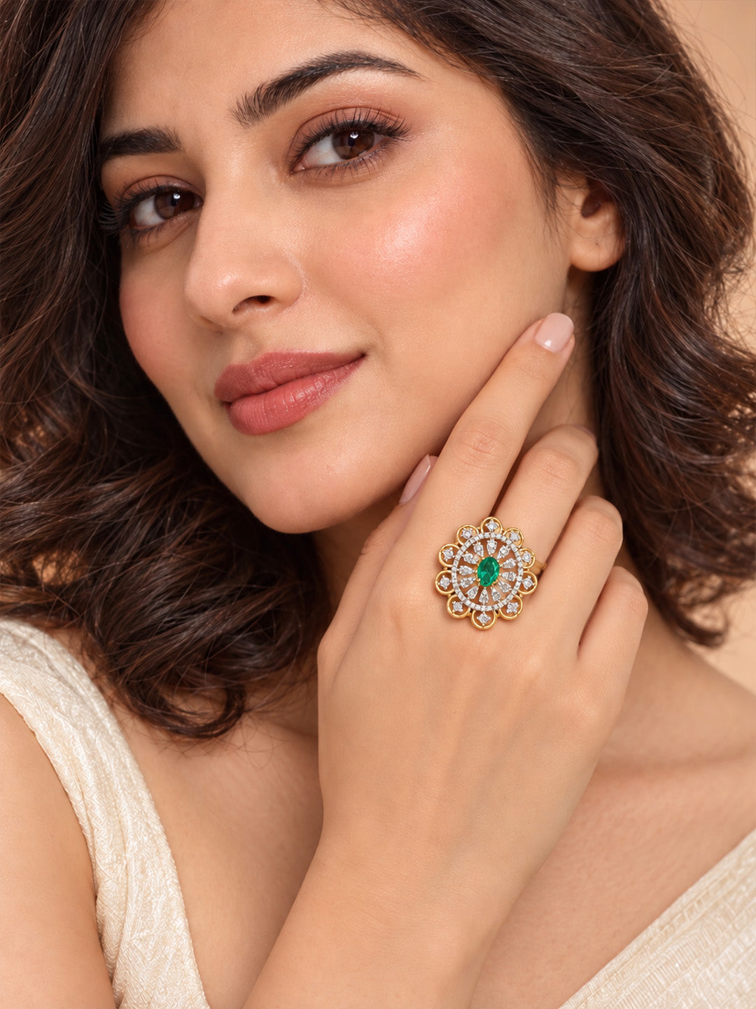 Green Center Stone Scalloped Floral Halo Ring - Gold Plated - model close-up