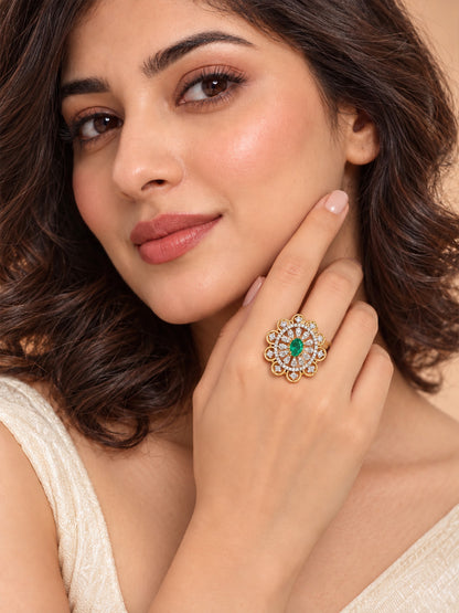 Green Center Stone Scalloped Floral Halo Ring - Gold Plated - model close-up