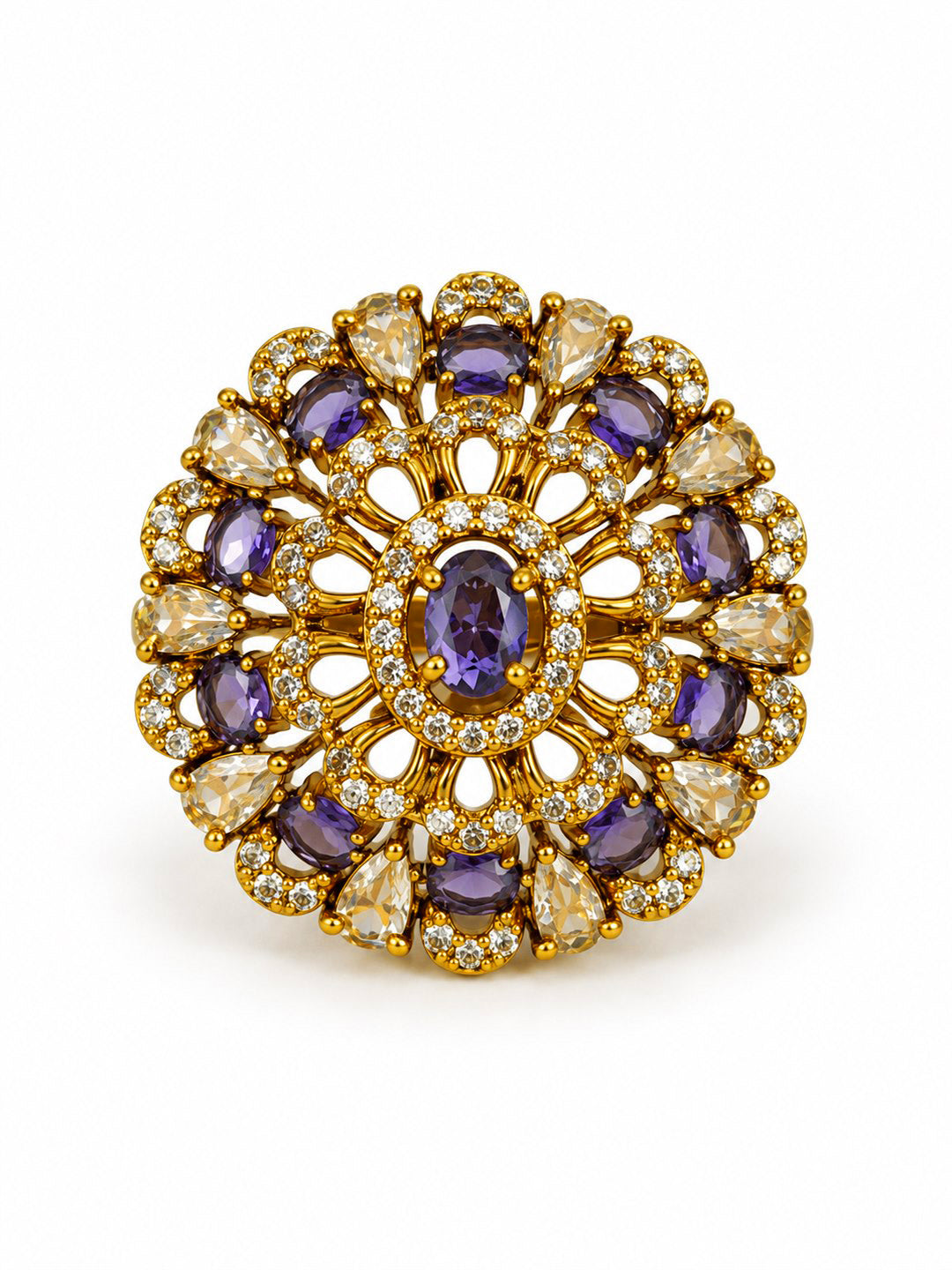 Purple Stone Ornate Floral Cluster Ring - Gold Plated, additional view 4