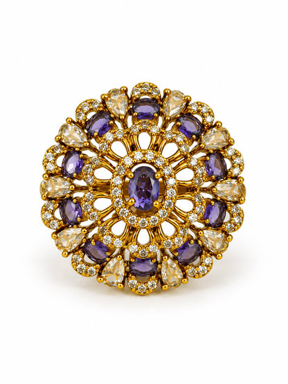 Purple Stone Ornate Floral Cluster Ring - Gold Plated, additional view 4