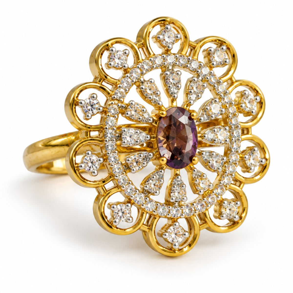 Purple Center Stone Scalloped Floral Halo Ring - Gold Plated