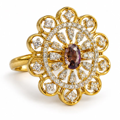 Purple Center Stone Scalloped Floral Halo Ring - Gold Plated