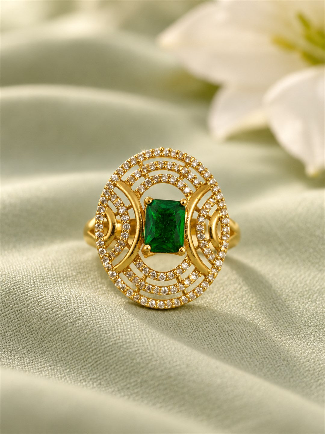 Green Stone Rectangular Stone Oval Halo Ring - Gold Plated, additional view 3
