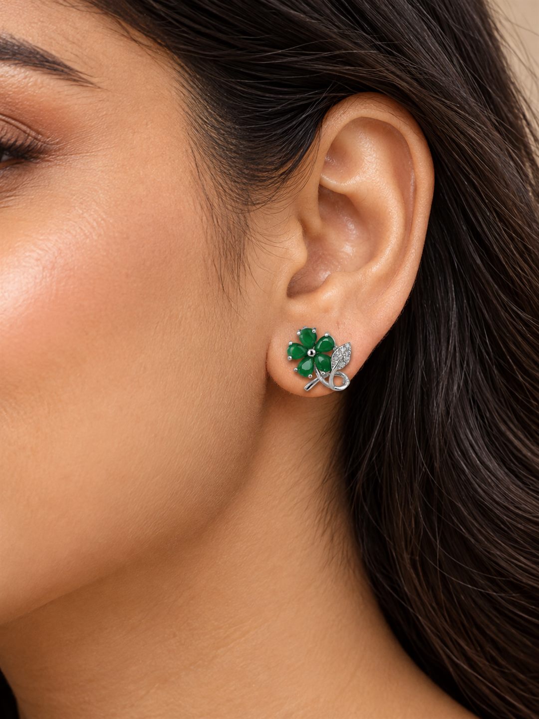 Green Flower and Leaf Stud Earrings, silver plated, model close-up
